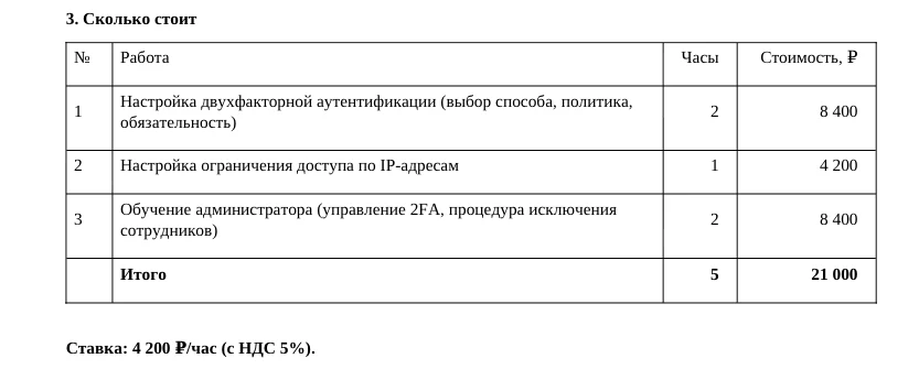 Смета в коммерческом предложении: работы, часы и стоимость
