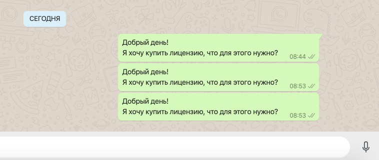 Пример сообщений со стороны клиента через WhatsApp, подключенный к Битрикс24