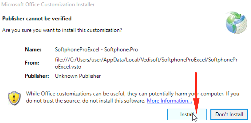 Окно запроса на установку надстройки Softphone Pro в Excel Окно запроса на установку надстройки Softphone Pro в Excel
