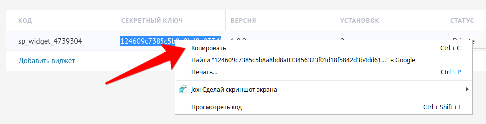 Копирование секретного ключа виджета в amoCRM Копирование секретного ключа виджета в amoCRM